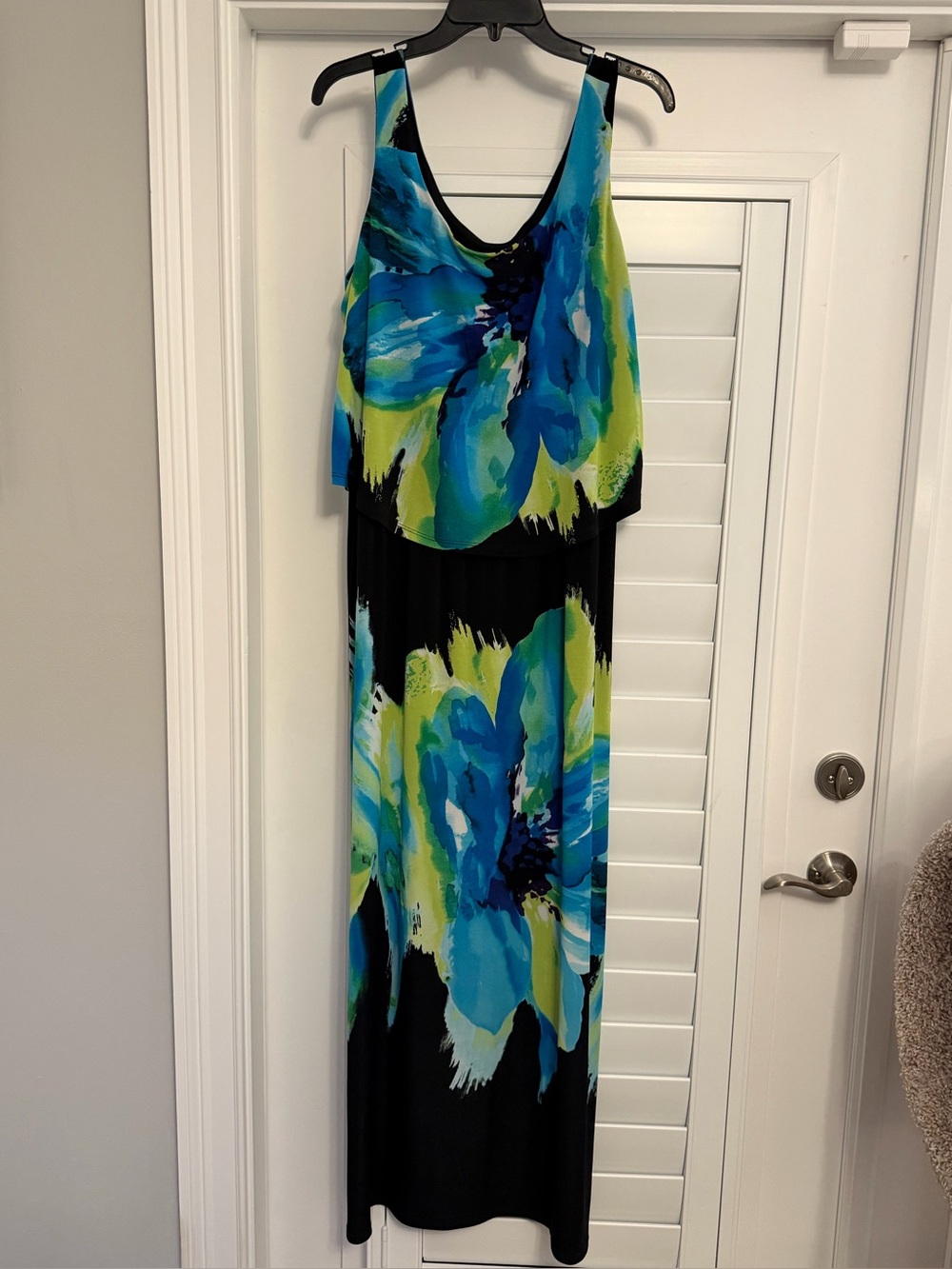 Robbie Bee Sleeveless Black Maxi Dress with Blue & Lime Floral Print - Size L